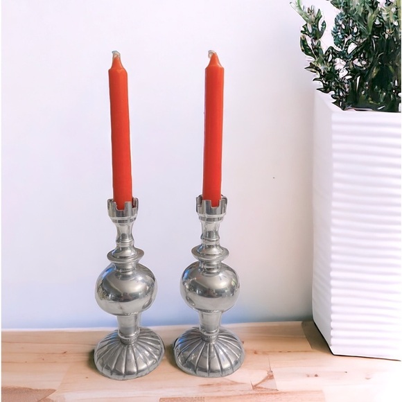 Vintage/ Antique Chrome Candlesticks, hand made in India. 8.25" tall - Picture 1 of 10